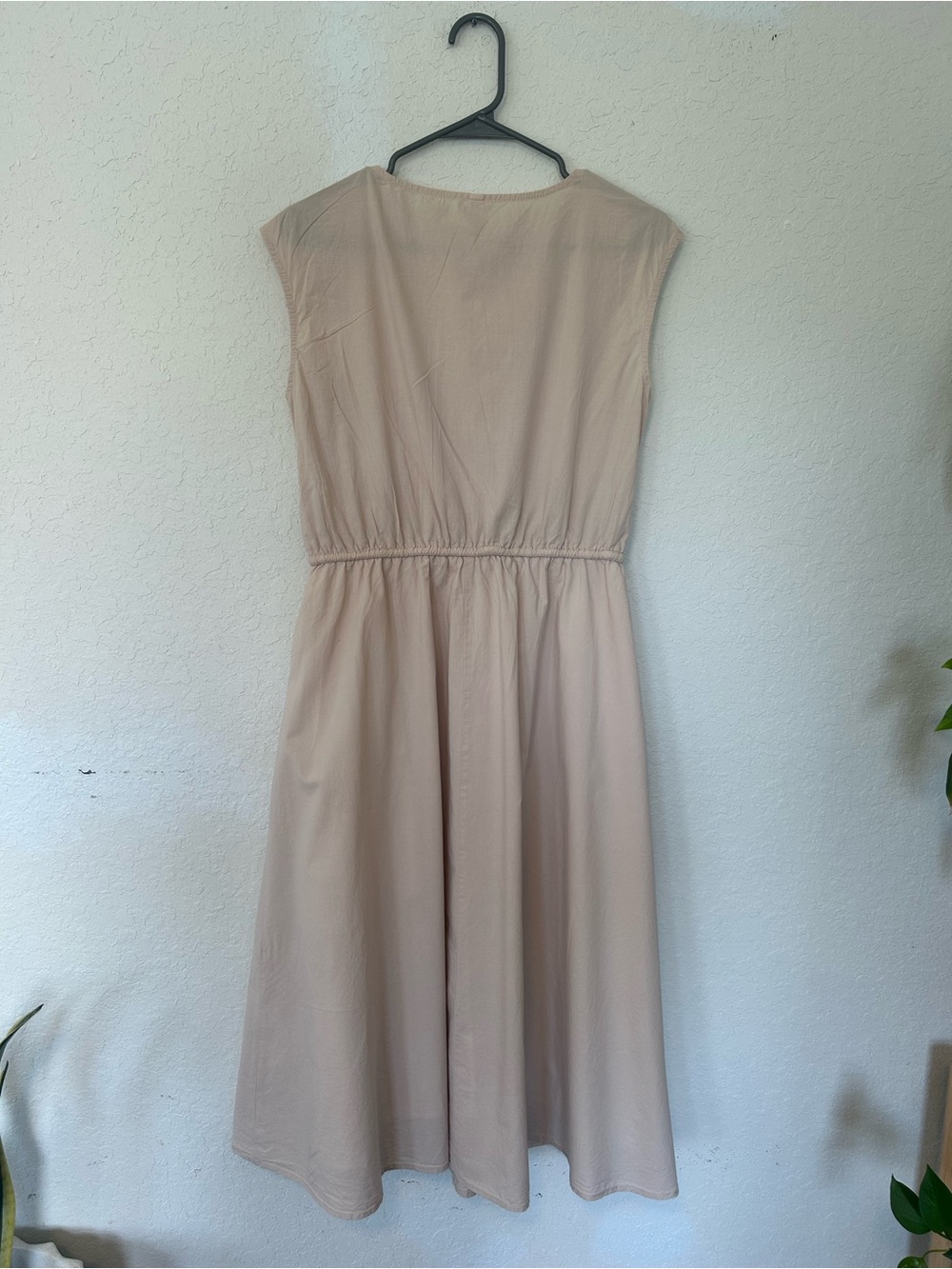 Beige Cotton Dress, Sleeveless A-Line Midi, Boho Minimalist Tie Waist Size S-M - Picture 3 of 7